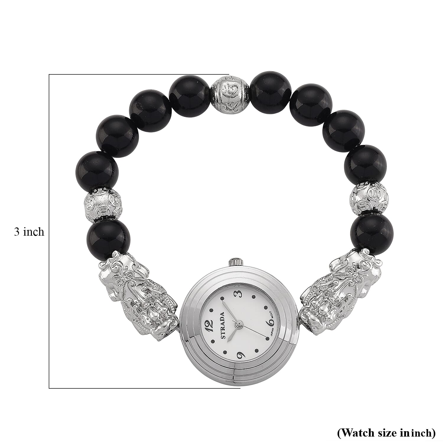 Strada Yellow Tigers Eye Japanese Movement Beaded Stretch Bracelet Watch with 2pcs Pixiu Charm (7-7.5In) in Silvertone 30.00 ctw