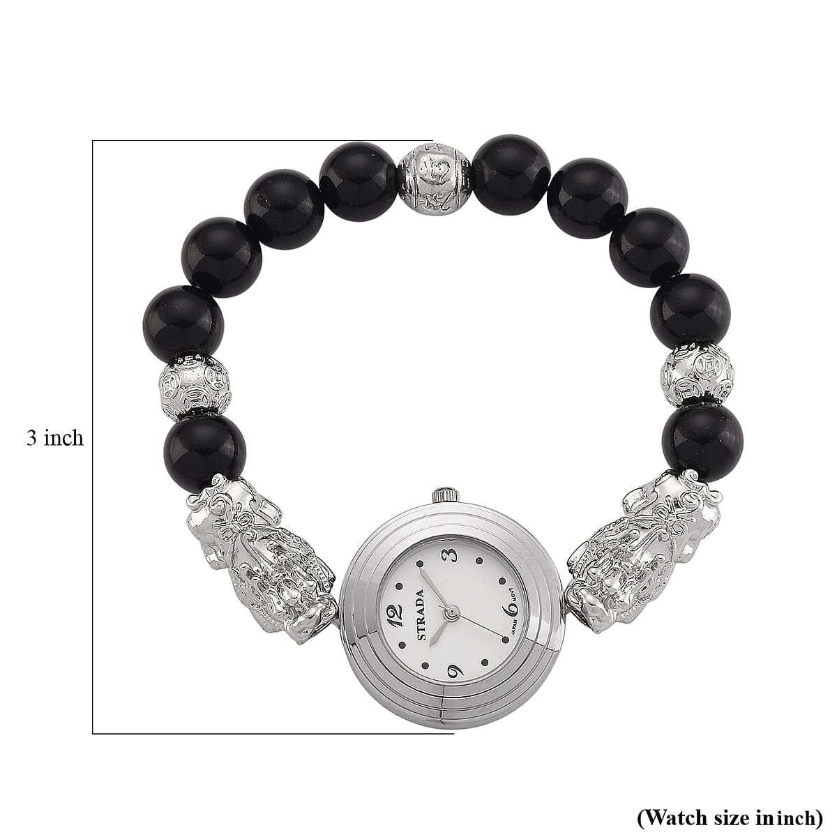 Strada Yellow Tigers Eye Japanese Movement Beaded Stretch Bracelet Watch with 2pcs Pixiu Charm (7-7.5In) in Silvertone 30.00 ctw image number 7
