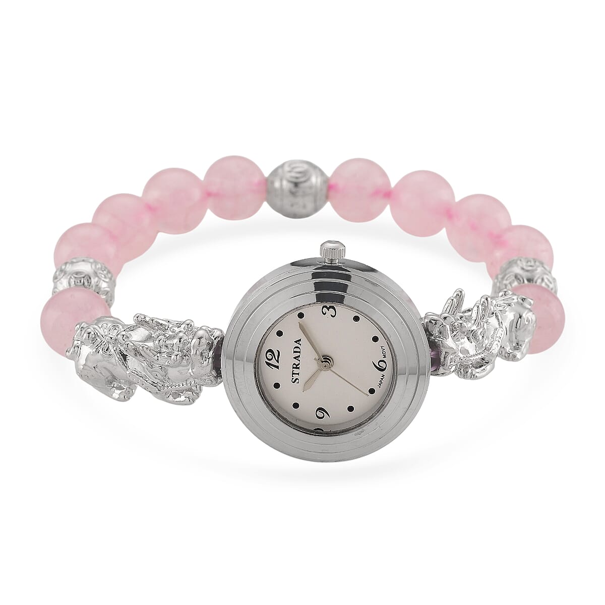 Strada Rose Quartz Japanese Movement Beaded Stretch Bracelet Watch with 2pcs Pixiu Charm (7-7.5In) in Silvertone 30.00 ctw image number 0