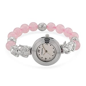 Strada Rose Quartz Japanese Movement Beaded Stretch Bracelet Watch with 2pcs Pixiu Charm (7-7.5In) in Silvertone 30.00 ctw