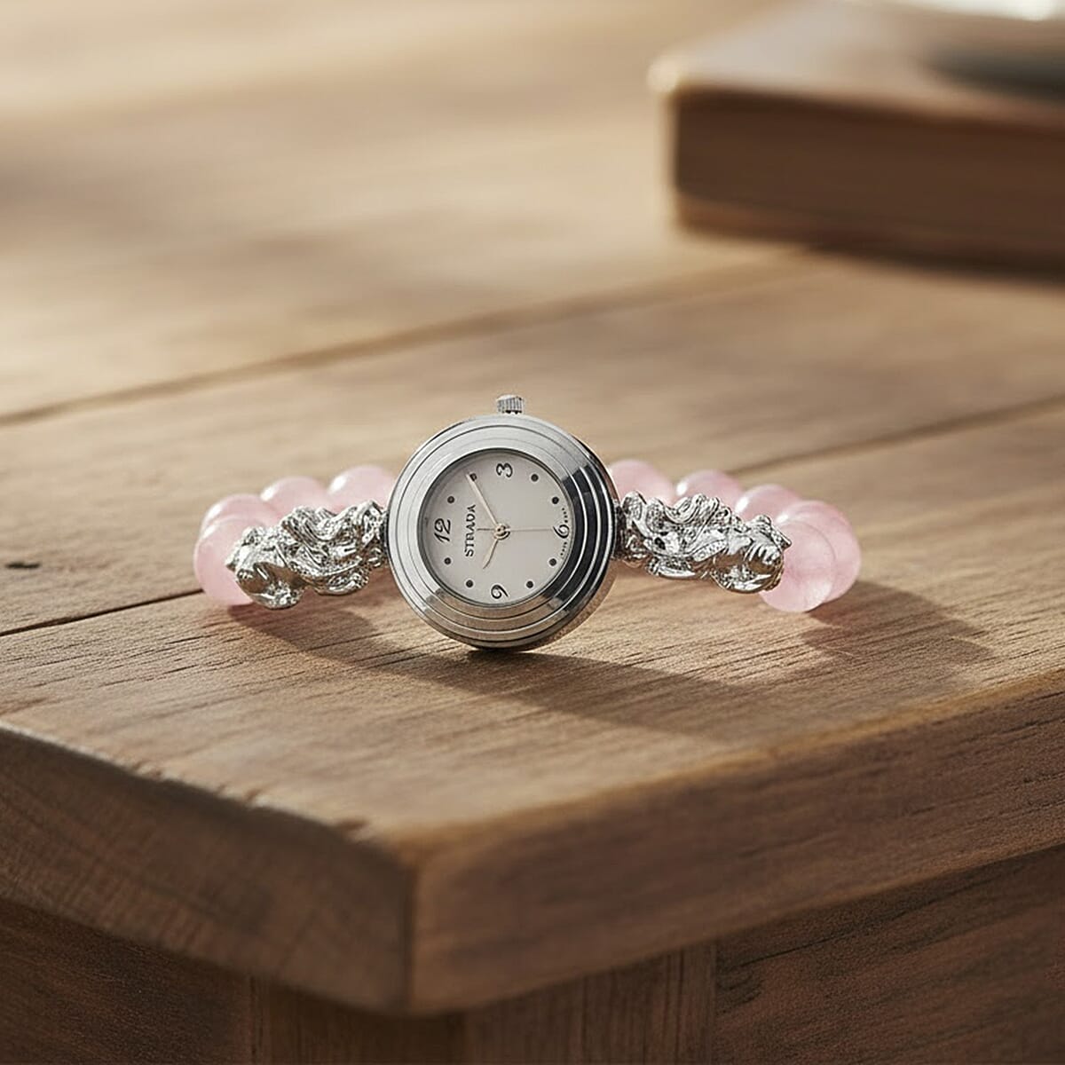 Strada Rose Quartz Japanese Movement Beaded Stretch Bracelet Watch with 2pcs Pixiu Charm (7-7.5In) in Silvertone 30.00 ctw image number 1