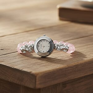 Strada Rose Quartz Japanese Movement Beaded Stretch Bracelet Watch with 2pcs Pixiu Charm (7-7.5In) in Silvertone 30.00 ctw