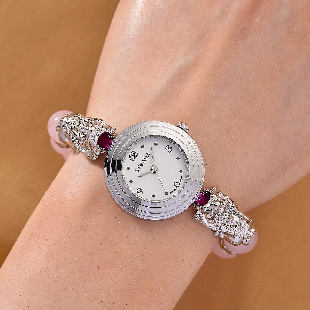 Strada Rose Quartz Japanese Movement Beaded Stretch Bracelet Watch with 2pcs Pixiu Charm (7-7.5In) in Silvertone 30.00 ctw image number 2