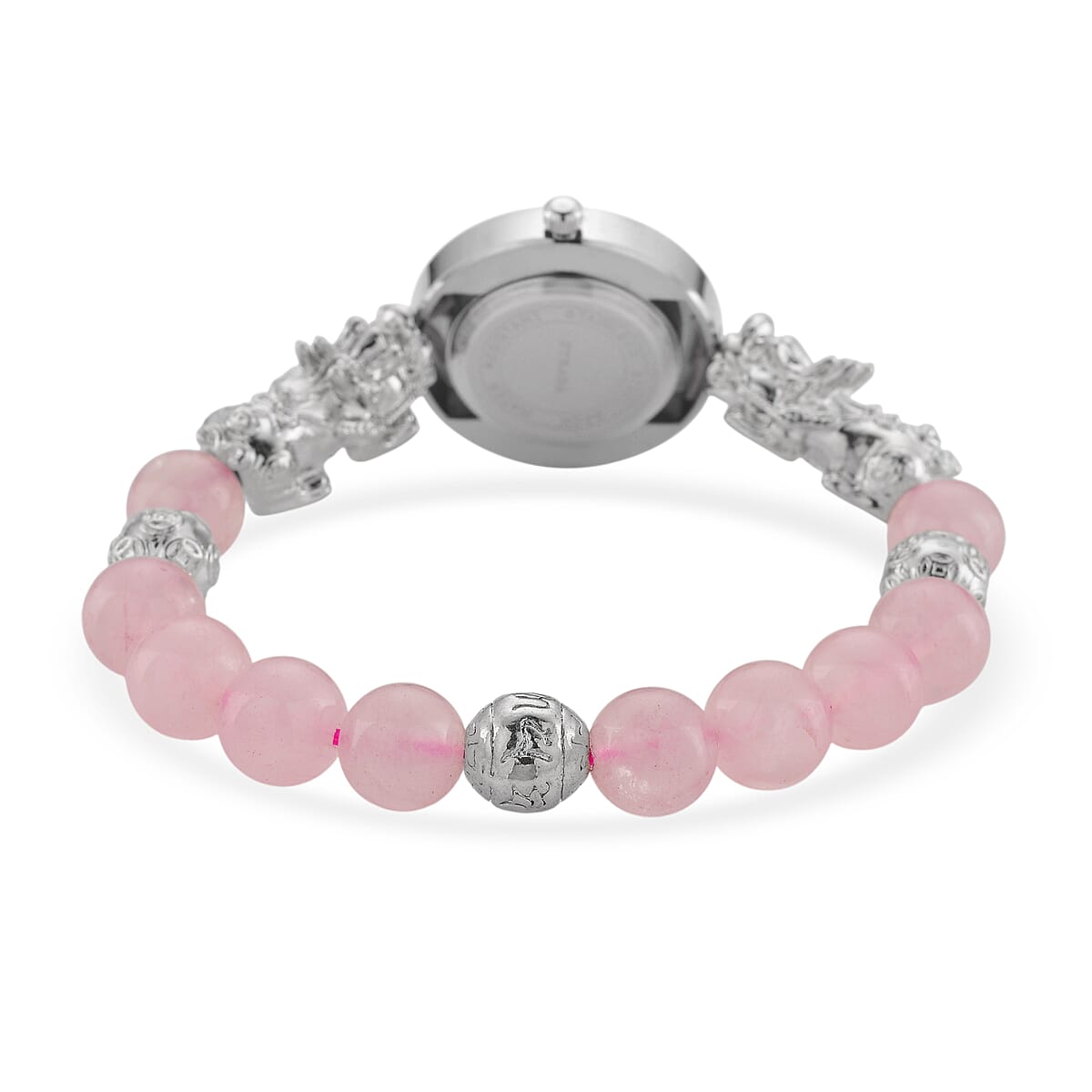 Strada Rose Quartz Japanese Movement Beaded Stretch Bracelet Watch with 2pcs Pixiu Charm (7-7.5In) in Silvertone 30.00 ctw image number 3