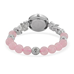 Strada Rose Quartz Japanese Movement Beaded Stretch Bracelet Watch with 2pcs Pixiu Charm (7-7.5In) in Silvertone 30.00 ctw