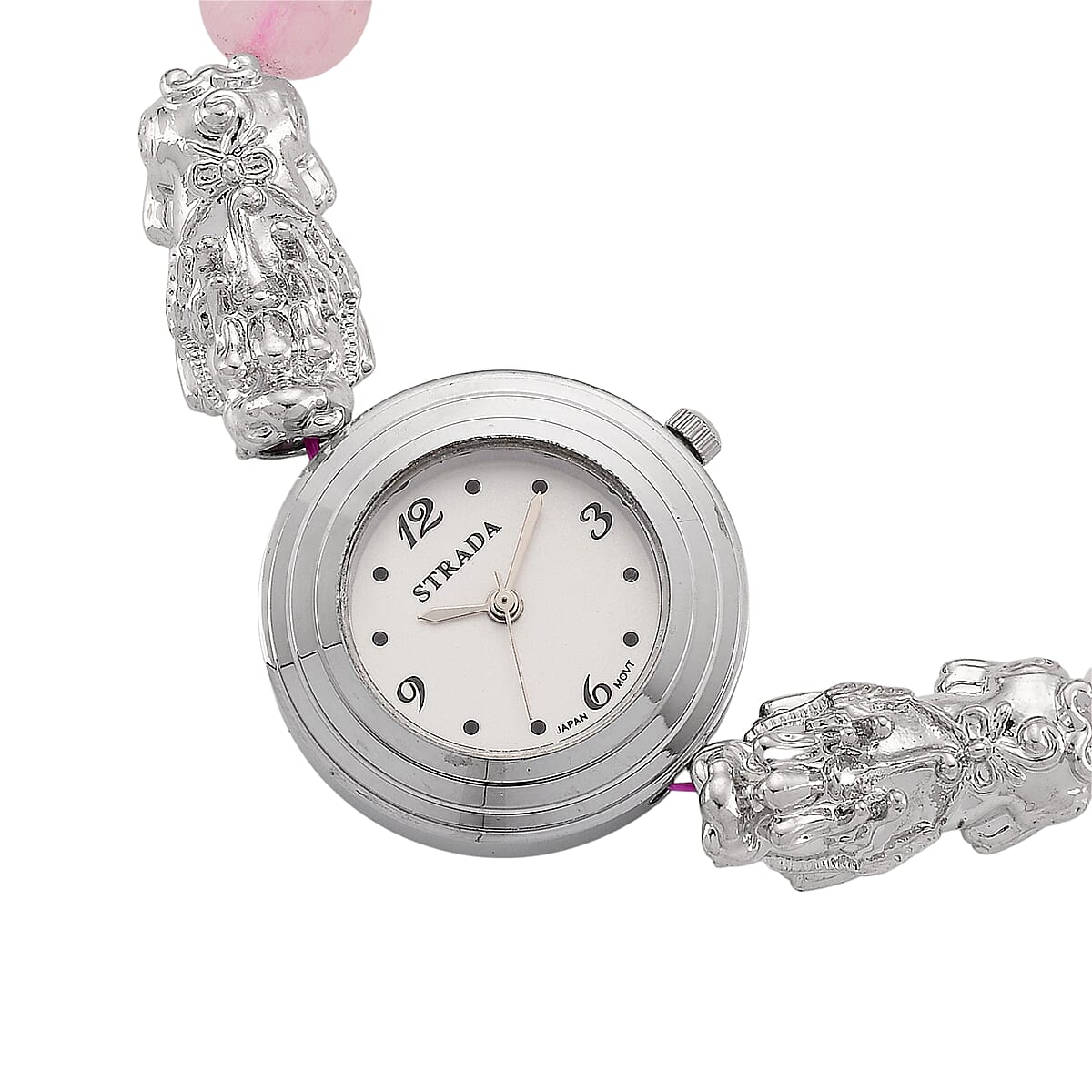 Strada Rose Quartz Japanese Movement Beaded Stretch Bracelet Watch with 2pcs Pixiu Charm (7-7.5In) in Silvertone 30.00 ctw image number 4
