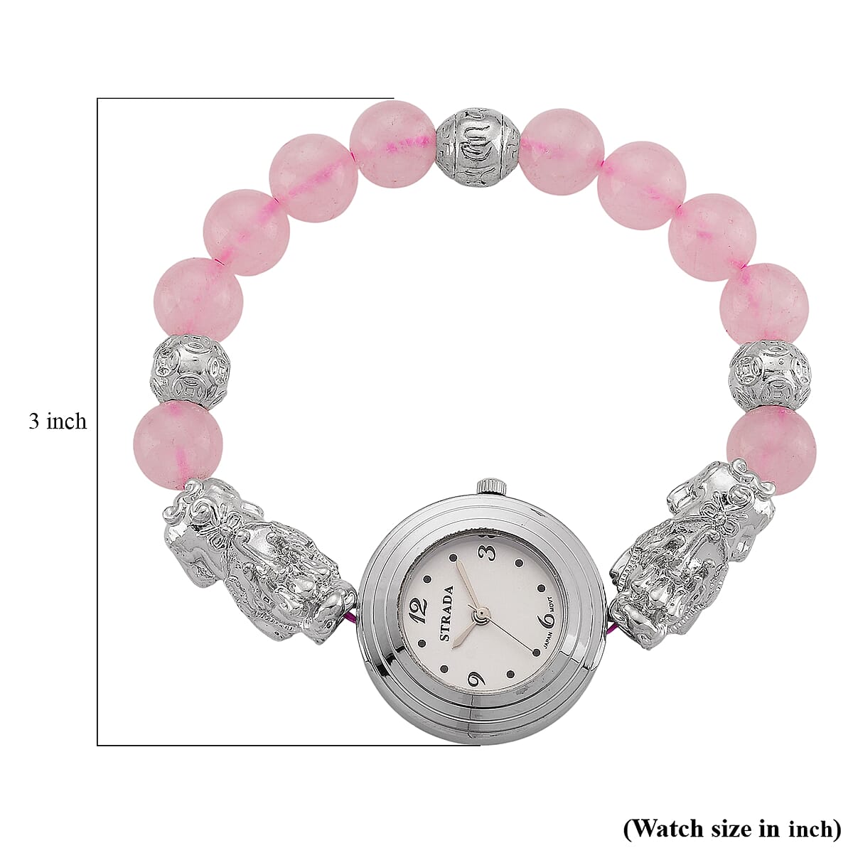 Strada Rose Quartz Japanese Movement Beaded Stretch Bracelet Watch with 2pcs Pixiu Charm (7-7.5In) in Silvertone 30.00 ctw image number 7