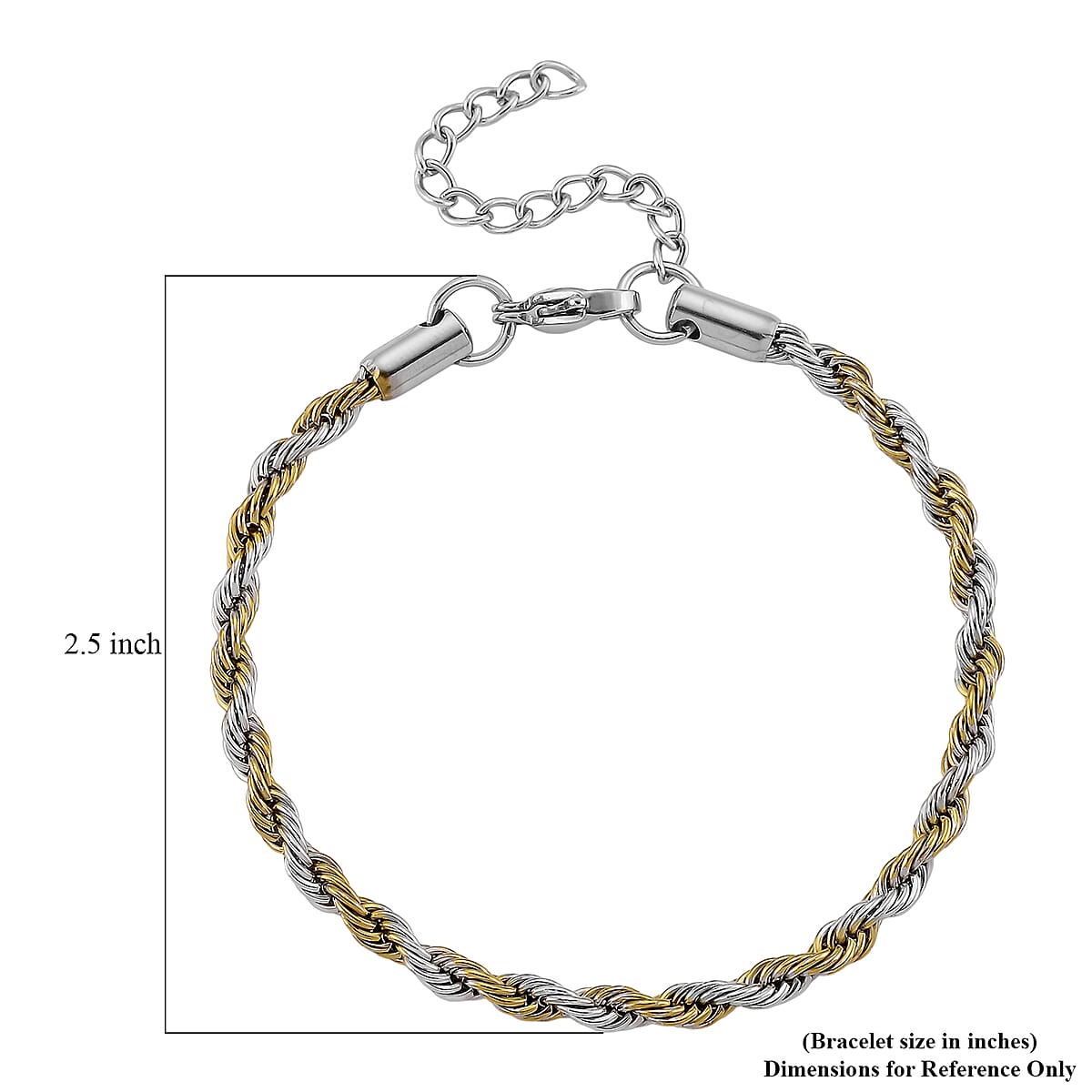 Rope Chain Bracelet (7.5-9.5In) in ION Plated YG and Stainless Steel image number 4