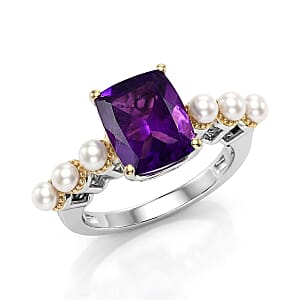 EverTrue African Amethyst and Freshwater Pearl 3.00 ctw Harmony Ring in 18K YG Plated and Platinum Bond (Size 6.0)