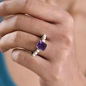 EverTrue African Amethyst and Freshwater Pearl 3.00 ctw Harmony Ring in 18K YG Plated and Platinum Bond (Size 6.0)