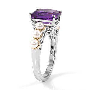 EverTrue African Amethyst and Freshwater Pearl 3.00 ctw Harmony Ring in 18K YG Plated and Platinum Bond (Size 8.0)