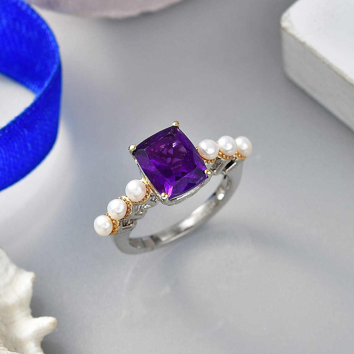 EverTrue African Amethyst and Freshwater Pearl 3.00 ctw Harmony Ring in 18K YG Plated and Platinum Bond (Size 9.0) image number 1