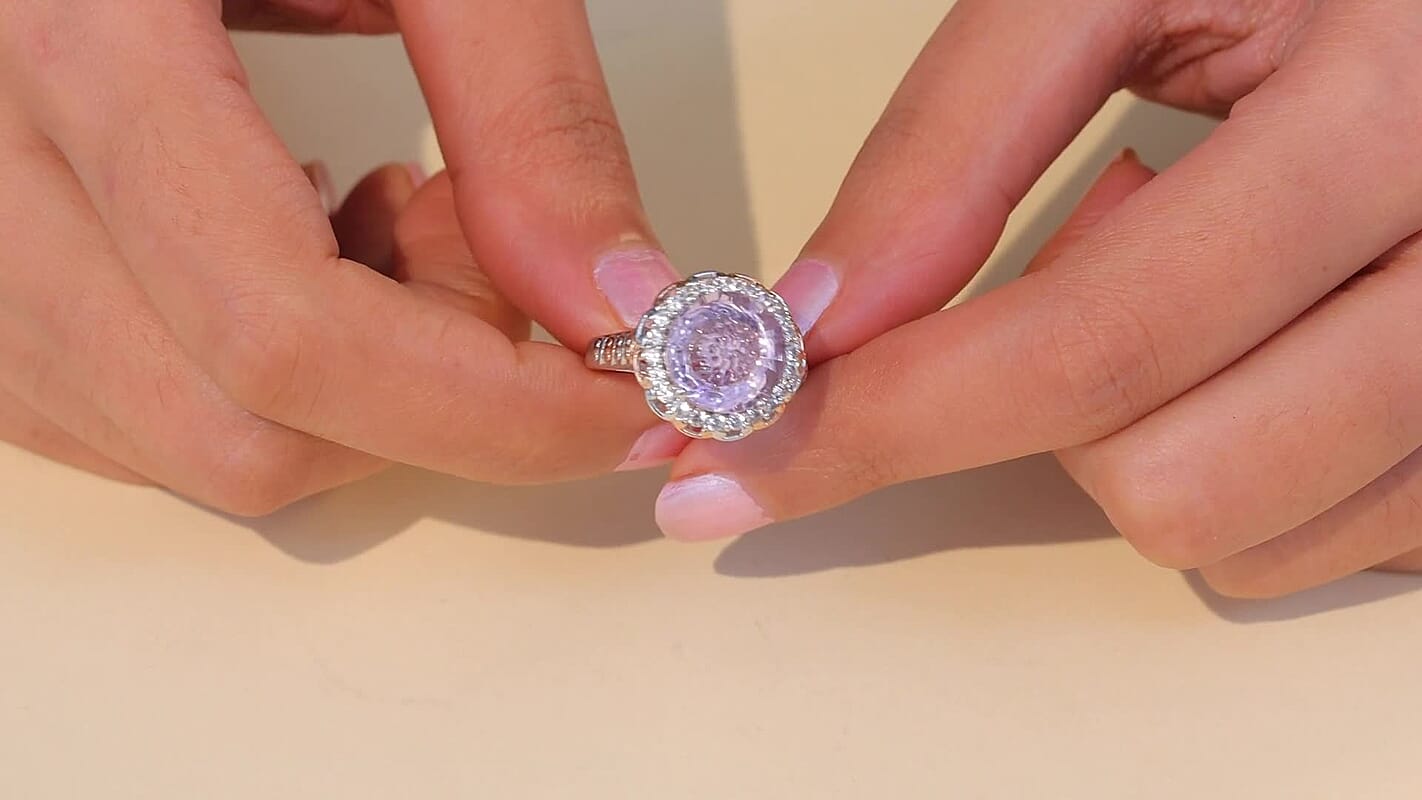EverTrue Rose De France Amethyst, White Zircon Ring in 18K RG Plated and Platinum Bond (Size 10.0) 6.90 ctw