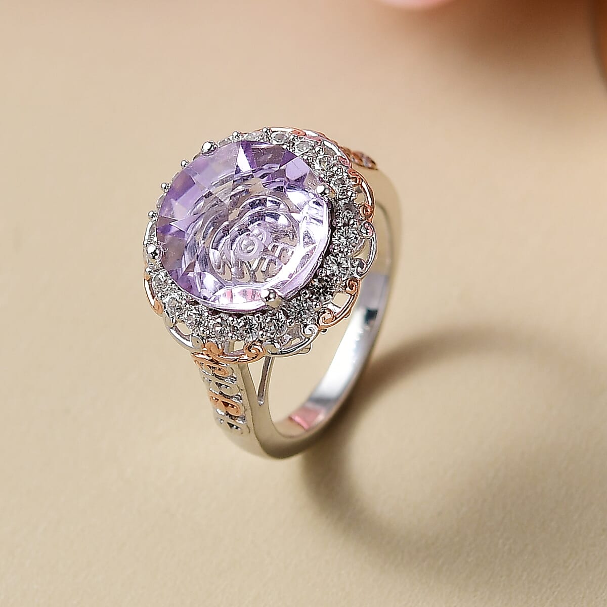 EverTrue Rose De France Amethyst and White Zircon 6.90 ctw Crown Legacy Ring in 18K RG Plated and Platinum Bond (Size 9.0) image number 1