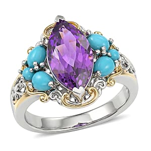 EverTrue Bolivian Amethyst and Lagoon Turquoise 3.15 ctw Ring in 18K YG Plated and Platinum Bond (Size 10.0)