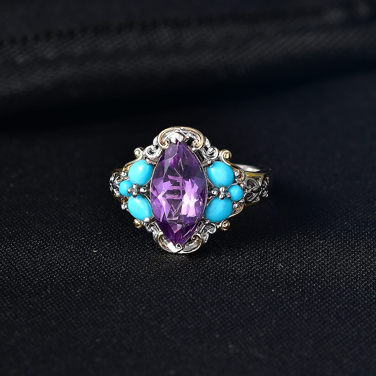 EverTrue Bolivian Amethyst and Lagoon Turquoise 3.15 ctw Ring in 18K YG Plated and Platinum Bond (Size 10.0) image number 1