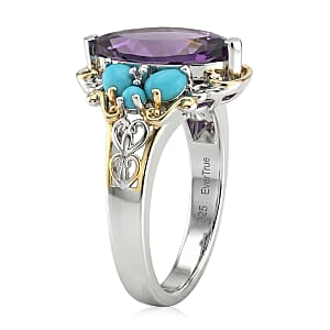 EverTrue Bolivian Amethyst and Lagoon Turquoise 3.15 ctw Ring in 18K YG Plated and Platinum Bond (Size 10.0)