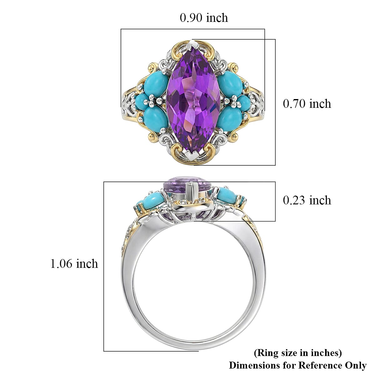 EverTrue Bolivian Amethyst and Lagoon Turquoise 3.15 ctw Ring in 18K YG Plated and Platinum Bond (Size 10.0)
