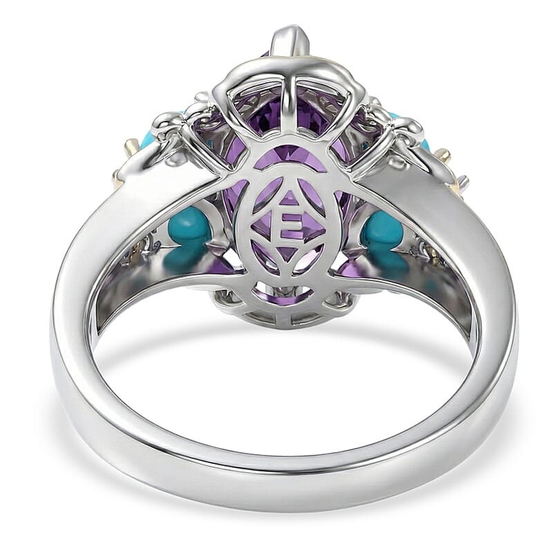EverTrue Bolivian Amethyst and Lagoon Turquoise 3.15 ctw Ring in 18K YG Plated and Platinum Bond (Size 7.0)