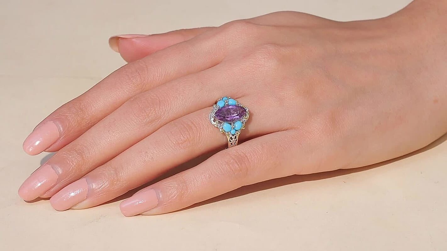 EverTrue Bolivian Amethyst, Lagoon Turquoise Ring in 18K YG Plated and Platinum Bond (Size 10.0) 3.15 ctw