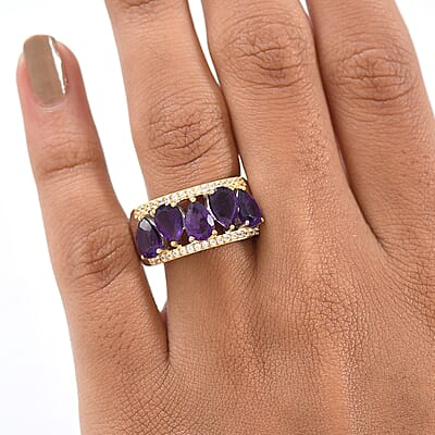 EverTrue African Amethyst and White Zircon 3.60 ctw Crown Cascade Ring in 18K YG Plated and Platinum Bond (Size 5.0)