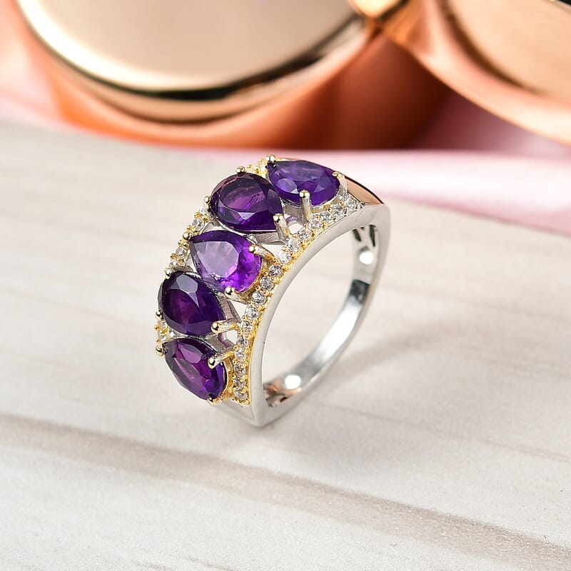 EverTrue African Amethyst and White Zircon 3.60 ctw Crown Cascade Ring in 18K YG Plated and Platinum Bond (Size 8.0)