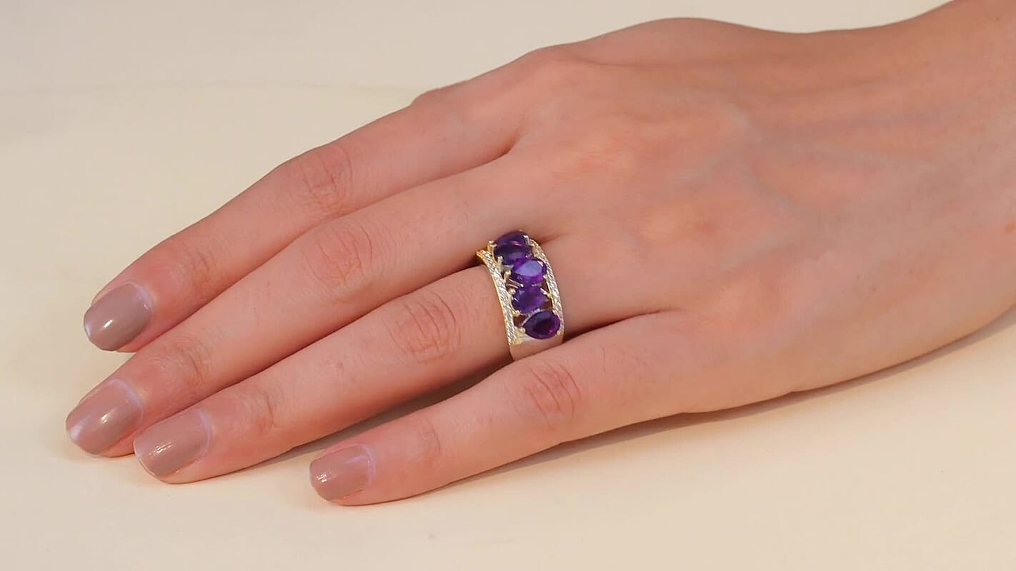 EverTrue African Amethyst, White Zircon Ring in 18K YG Plated and Platinum Bond (Size 5.0) 3.60 ctw