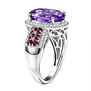 EverTrue Rose De France Amethyst and Multi Gemstone 6.90 ctw Imperial Majesty Ring in Platinum Bond (Size 5.0)