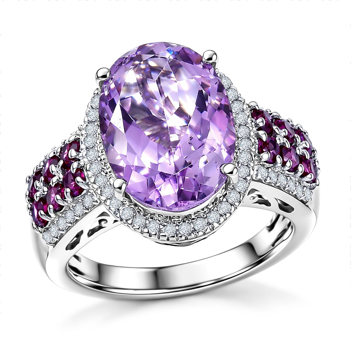 EverTrue Rose De France Amethyst and Multi Gemstone 6.90 ctw Imperial Majesty Ring in Platinum Bond (Size 6.0)