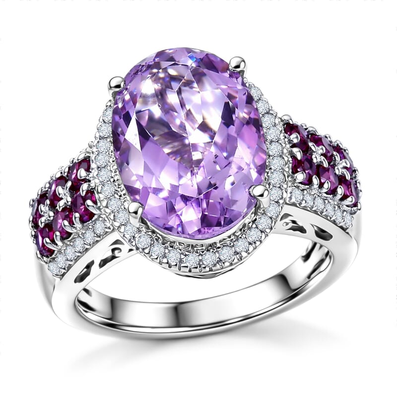 EverTrue Rose De France Amethyst and Multi Gemstone 6.90 ctw Imperial Majesty Ring in Platinum Bond (Size 6.0)