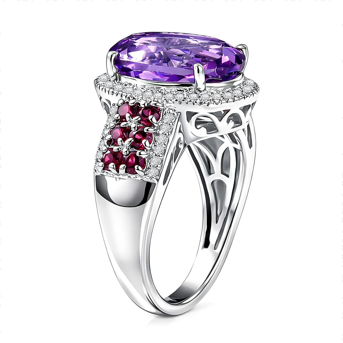 EverTrue Rose De France Amethyst and Multi Gemstone 6.90 ctw Imperial Majesty Ring in Platinum Bond (Size 6.0)