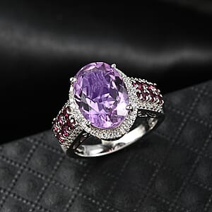 EverTrue Rose De France Amethyst and Multi Gemstone 6.90 ctw Imperial Majesty Ring in Platinum Bond (Size 7.0)