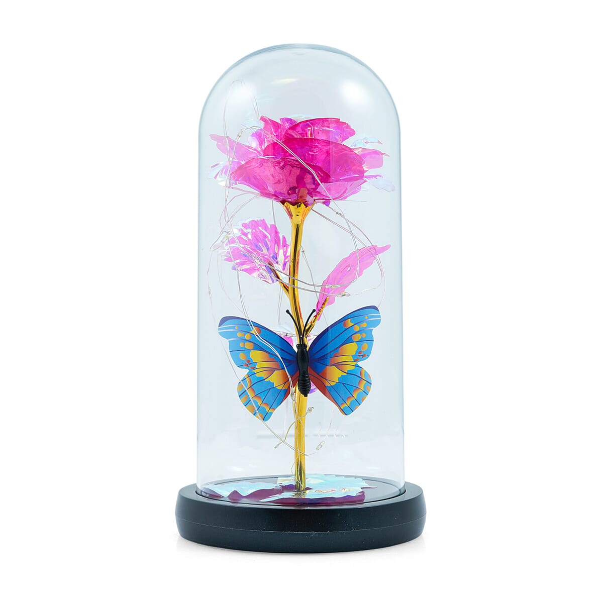 Closeout Pink Rose & Butterlfly in Glass Dome with LED Lights image number 0