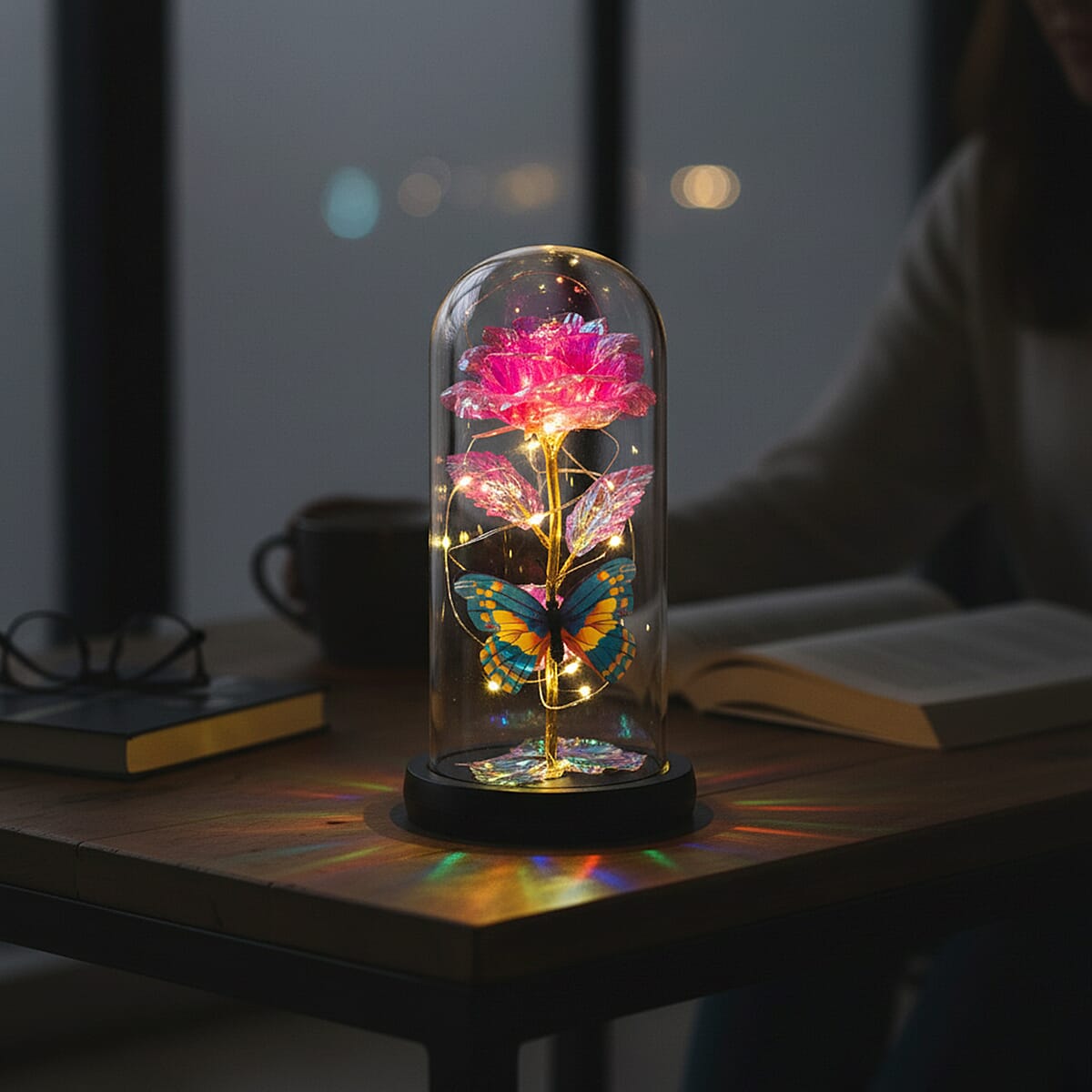 Closeout Pink Rose & Butterlfly in Glass Dome with LED Lights image number 1