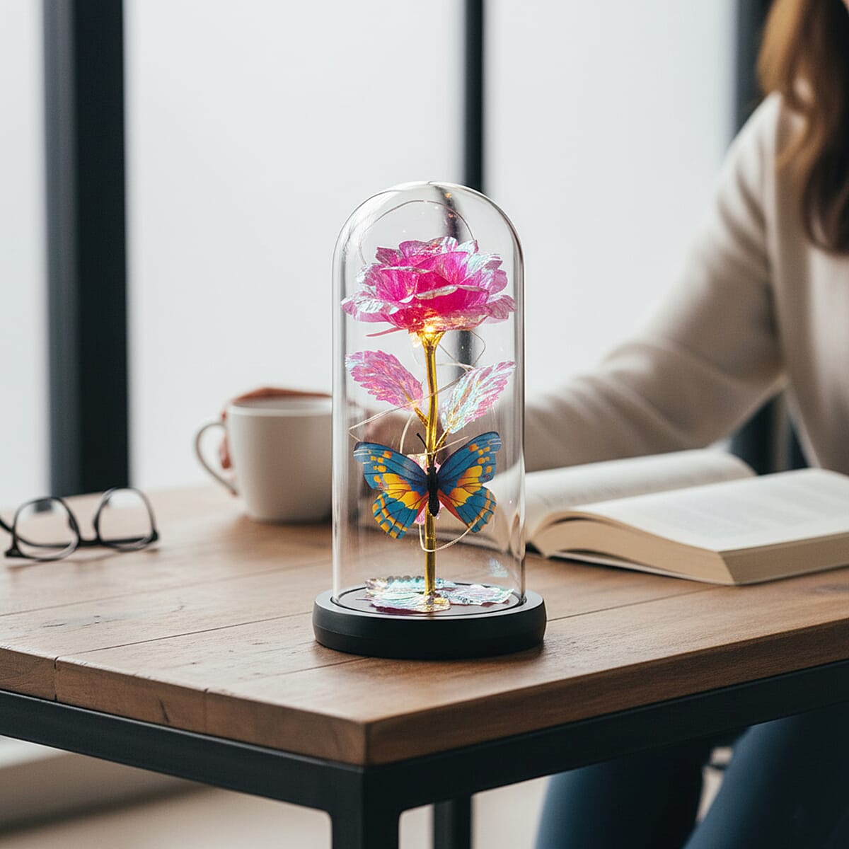 Closeout Pink Rose & Butterlfly in Glass Dome with LED Lights image number 2