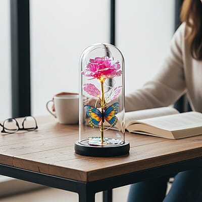 Closeout Pink Rose & Butterlfly in Glass Dome with LED Lights