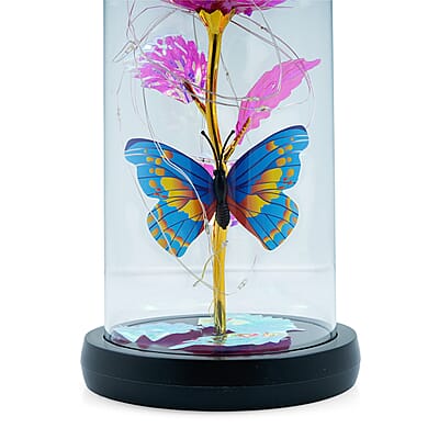 Closeout Pink Rose & Butterlfly in Glass Dome with LED Lights