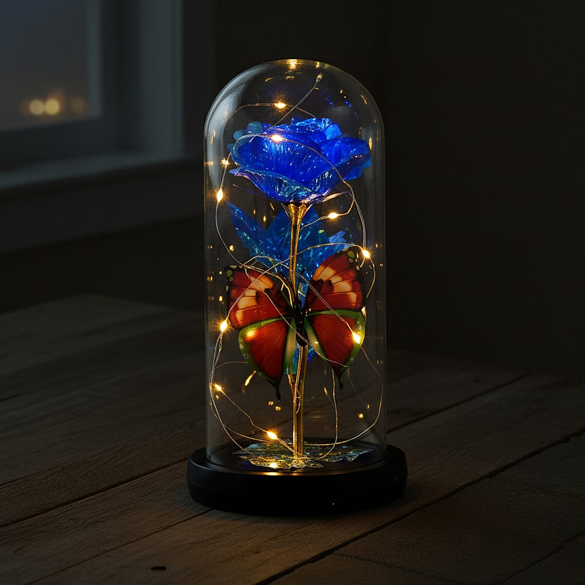 Closeout Blue Rose & Butterlfly in Glass Dome with LED Lights image number 1
