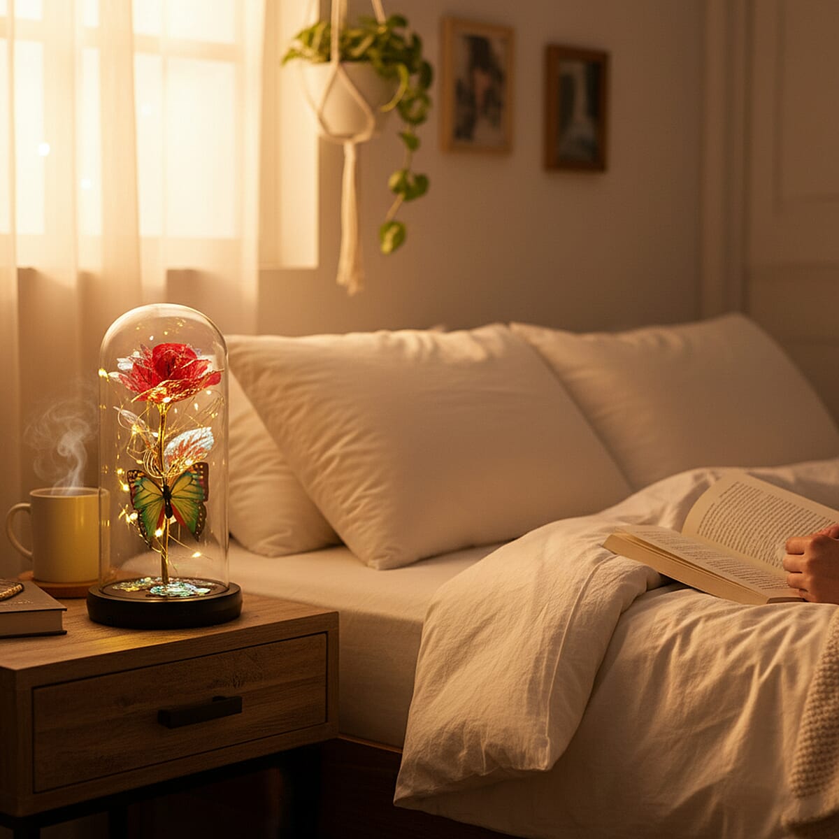 Closeout Red Rose & Butterlfly in Glass Dome with LED Lights image number 1