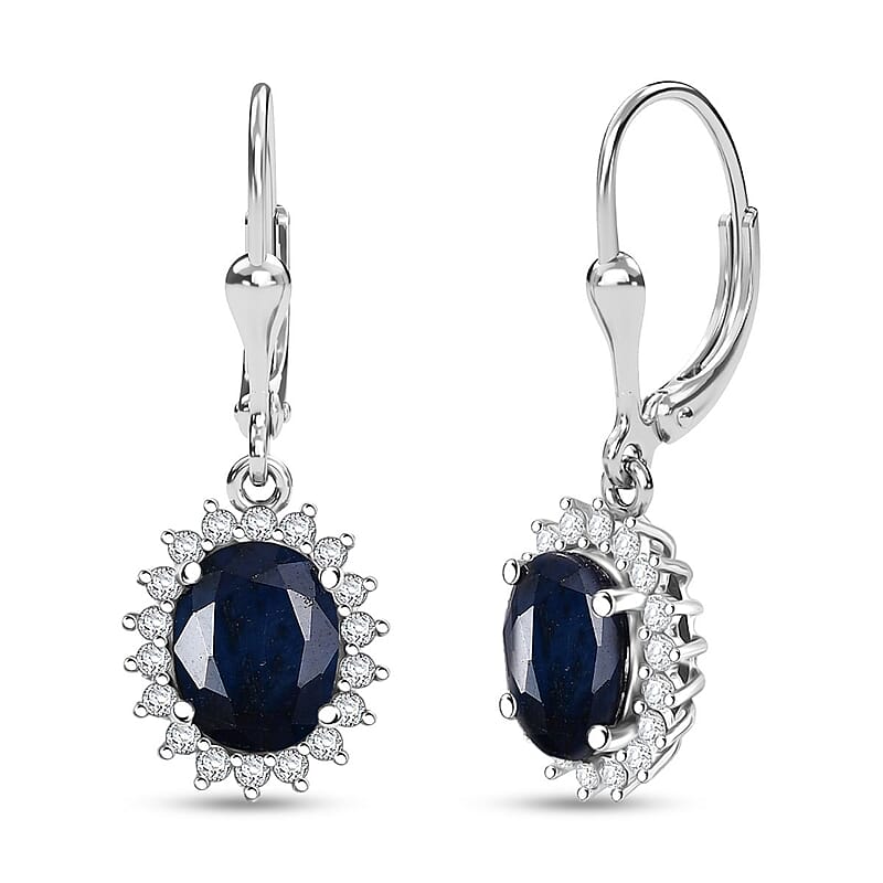 D'Joy Kanchanaburi Blue Sapphire (DF) and Moissanite 5.15 ctw Starlit Aura Lever Back Earrings in Rhodium Over Sterling Silver