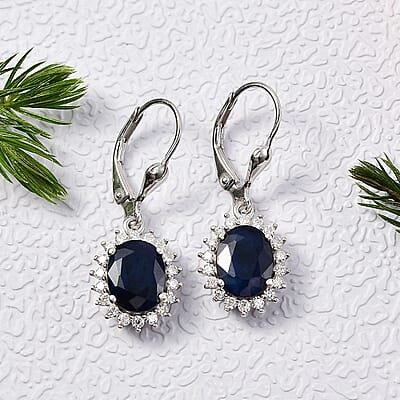 D'Joy Kanchanaburi Blue Sapphire (DF) and Moissanite 5.15 ctw Starlit Aura Lever Back Earrings in Rhodium Over Sterling Silver