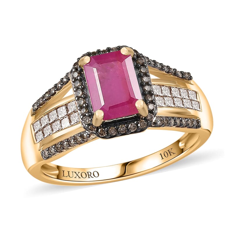 Luxoro AAA Mozambique Ruby, Natural Champagne Diamond Bridge Ring in 10K Yellow Gold 2.00 ctw (Size 10.0)