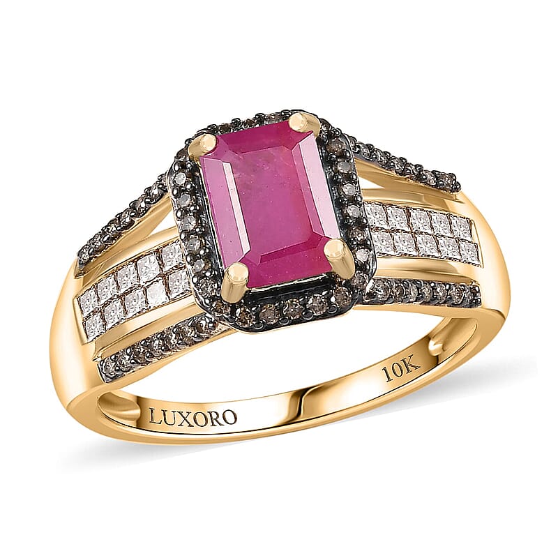 Luxoro AAA Mozambique Ruby, Natural Champagne Diamond Bridge Ring in 10K Yellow Gold 2.00 ctw (Size 10.0)