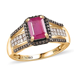 Doorbuster Luxoro AAA Mozambique Ruby and Natural Champagne Diamond I2 2.00 ctw Bridge Ring in 10K Yellow Gold (Size 7.0)