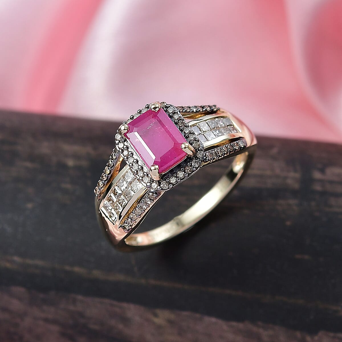 Luxoro 10K Yellow Gold AAA Mozambique Ruby, Natural Champagne Diamond (I2) (0.65 cts) Bridge Ring (Size 7.0) 2.00 ctw image number 1