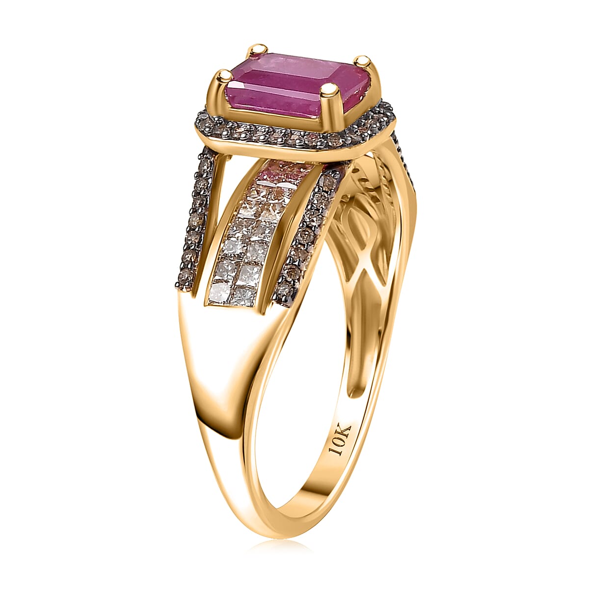 Luxoro 10K Yellow Gold AAA Mozambique Ruby, Natural Champagne Diamond (I2) (0.65 cts) Bridge Ring (Size 7.0) 2.00 ctw image number 3