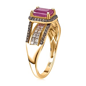 Luxoro AAA Mozambique Ruby, Natural Champagne Diamond Bridge Ring in 10K Yellow Gold 2.00 ctw (Size 7.0)