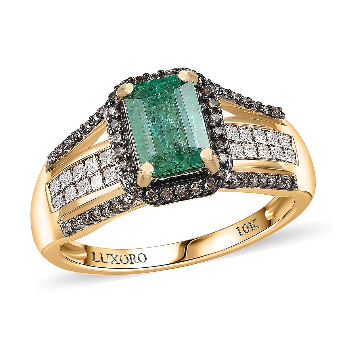 Luxoro AAA Kagem Zambian Emerald, Natural Champagne Diamond Bridge Ring in 10K Yellow Gold 1.75 ctw (Size 6.0) image number 0