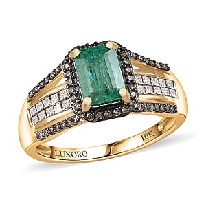 Luxoro AAA Kagem Zambian Emerald, Natural Champagne Diamond Bridge Ring in 10K Yellow Gold 1.75 ctw (Size 6.0)