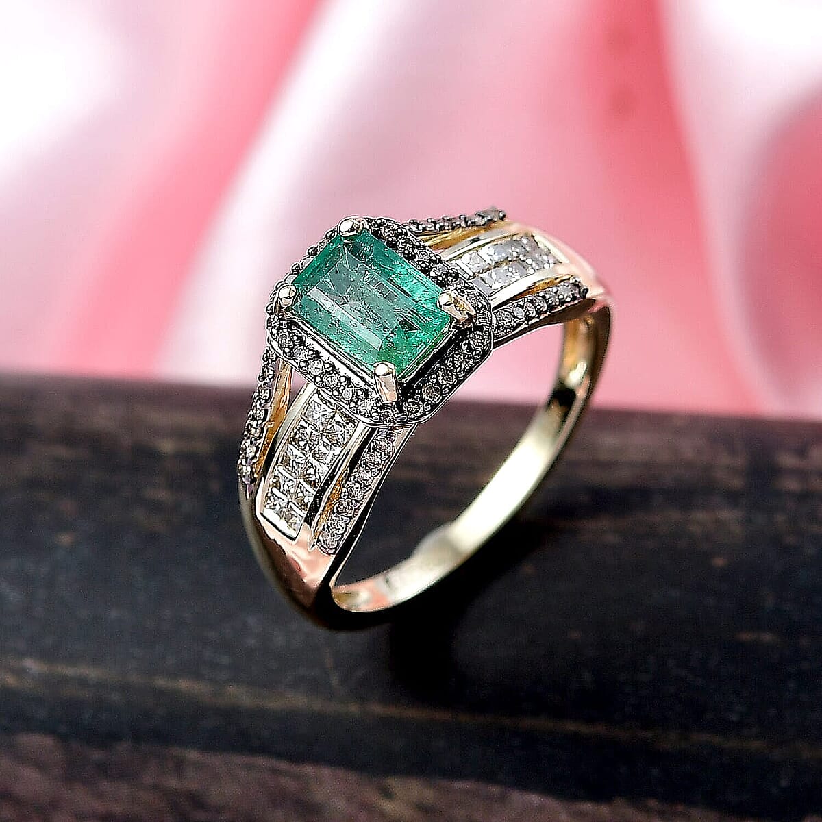 Luxoro AAA Kagem Zambian Emerald, Natural Champagne Diamond Bridge Ring in 10K Yellow Gold 1.75 ctw (Size 6.0) image number 1